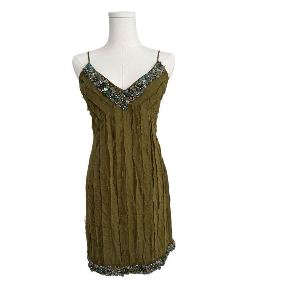 Y2k designer blumarine green beaded ruched mini strap dress sz 40IT